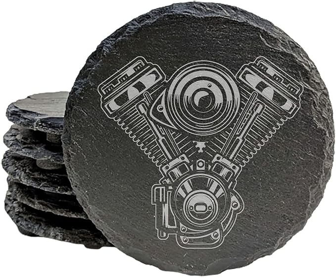 Rev Up Your Ride: V-Twin Engine Coasters for Bikers - Round Slate - Set of 5