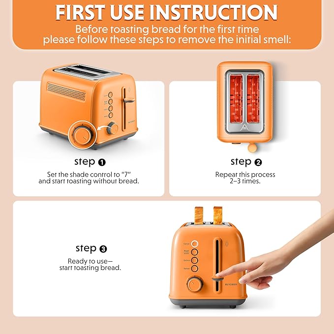 BUYDEEM DT620 2-Slice Toaster, Extra Wide Slots, Retro Stainless Steel with High Lift Lever, Bagel and Muffin Function, Removal Crumb Tray, 7-Shade Settings,Orange