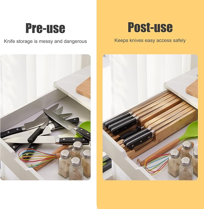 Bamboo Knife Block and In-Drawer Storage, Display Stand and Organizer, In-Drawer Knife Drawer Organizer Holds Up To 7 Knives and 1 Sharpener(Not Included)