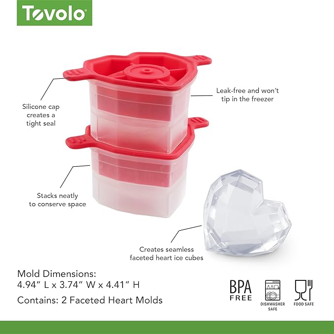 Tovolo Ice Cubes Mold Pack of 2 Large Craft Ice Molds for Whiskey Bourbon Cocktails, Easy Fill No Leak Silicone Ice Molds Gift for Him Stackable Dishwasher Safe BPA Free Heart Ice