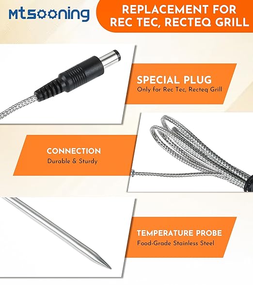 Mtsooning Grill Meat Probe, 2 Pack Temperature Probe with Probe Clip Replacement for Rec Tec Wood Pellet BBQ Grills,Recteq RT-1250, RT-700, RT-590, RT-B380 Bullseye Grill Accessories