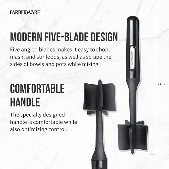 FARBERWARE Nylon Meat and Potato Masher – 5-Blade Ground Meat Chopper, Heat-Resistant to 450°F, Safe for Nonstick Cookware, Ergonomic Handle, 10-Inch, Dishwasher-Safe, Black