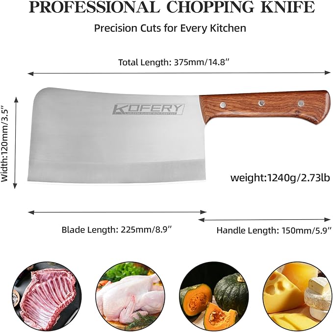 KOFERY 8.7-inch Heavy Duty Meat Cleaver Knife - Professional Bone Chopper with Full Tang and 4Cr13MOV Stainless Steel - Perfect Kitchen Chopping Tool for Meat and Bone Cutting