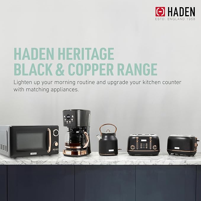 Haden Heritage 4 Slice Wide Slot Stainless Steel Toaster Bundled with 1.7 Liter Stainless Steel Electric Water Kettle, Black & Copper