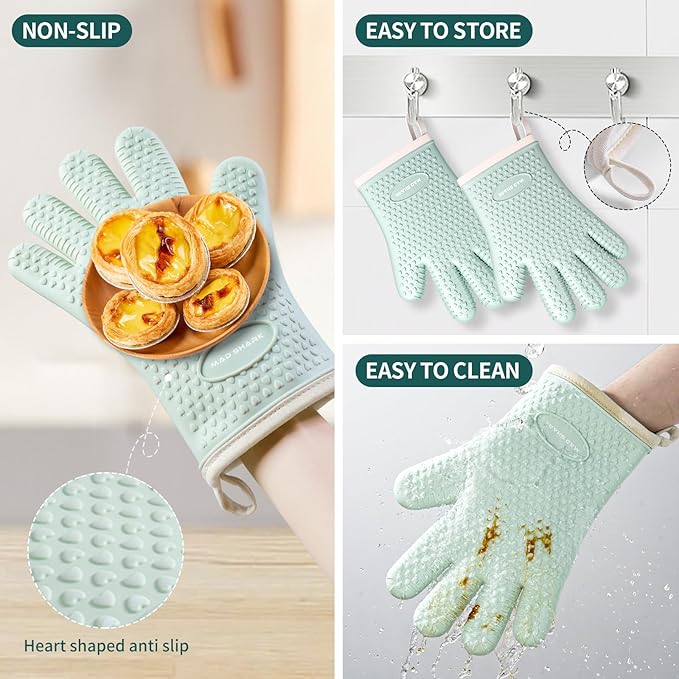 MAD SHARK Silicone Oven Mitts Heat Resistant 450 Degrees,Waterproof & Non-Slip Oven Gloves with Fingers,Cotton Lined Silicone Oven Gloves Kitchen Mitts for Baking Cooking Barbecue,Women (Green)
