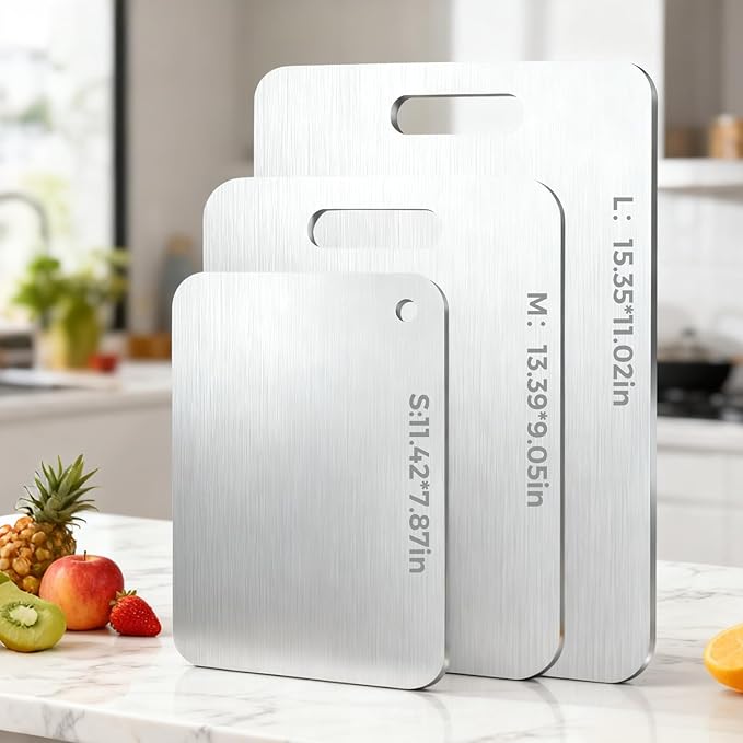 Tavano Titanium Cutting Board,100% Pure Titanium Cutting Boards for Kitchen,Double-side Available Cutting Board for Vegetables,Meat,Fruits,Easy to Store and Clean(S+M+L)