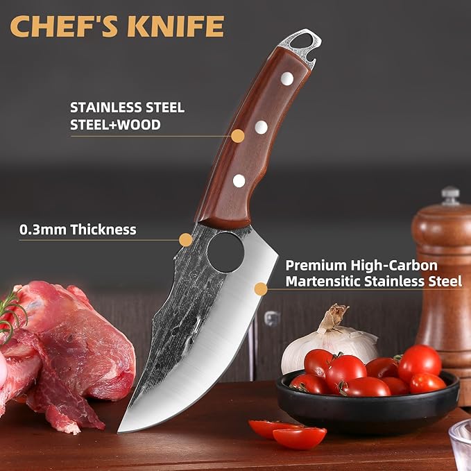 Chef Knife Kitchen Knives Japanese Butcher Knife Meat Cleaver, High Carbon Steel Hand Forged Full Tang Viking Knives with Sheath for Camping, Outdoor, BBQ, Home