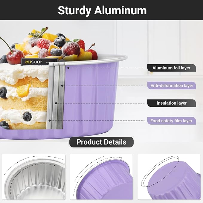 EUSOAR Disposable Ramekins with Lids, 5oz 100pcs Muffin Liners Cups with Lids, Creme Brulee Foil Ramekins, Aluminum Foil Cupcake Baking Cups, for Party Favor Birthday -Light Purple
