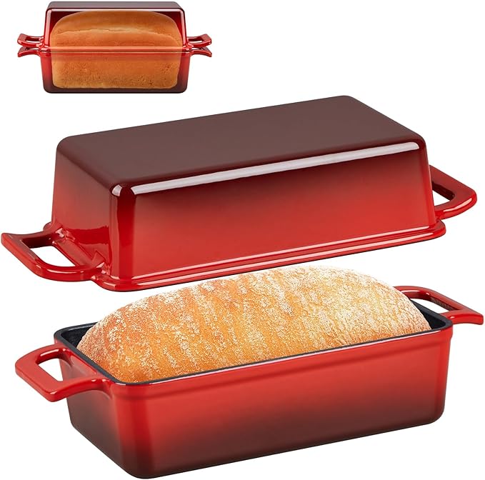P&P CHEF 2 In 1 Enameled Cast Iron Loaf Pan with Lid, 9 x 5 Inch Bread Loaf Pans for Baking Homemade Sourdough Bread, Meatloaf, Toast, Cake, Nonstick & Healthy & Sturdy, 2 Piece Set - Red