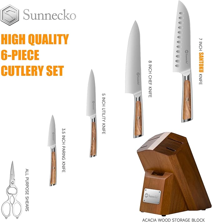 Sunnecko Knife Set for Kitchen - Block Knife Set of 6pcs with High Carbon Stainless Steel 1.4116 Chef Knife Set - Kitchen Knives with Olive Wood Handle and Acacia Wooden Knife Block