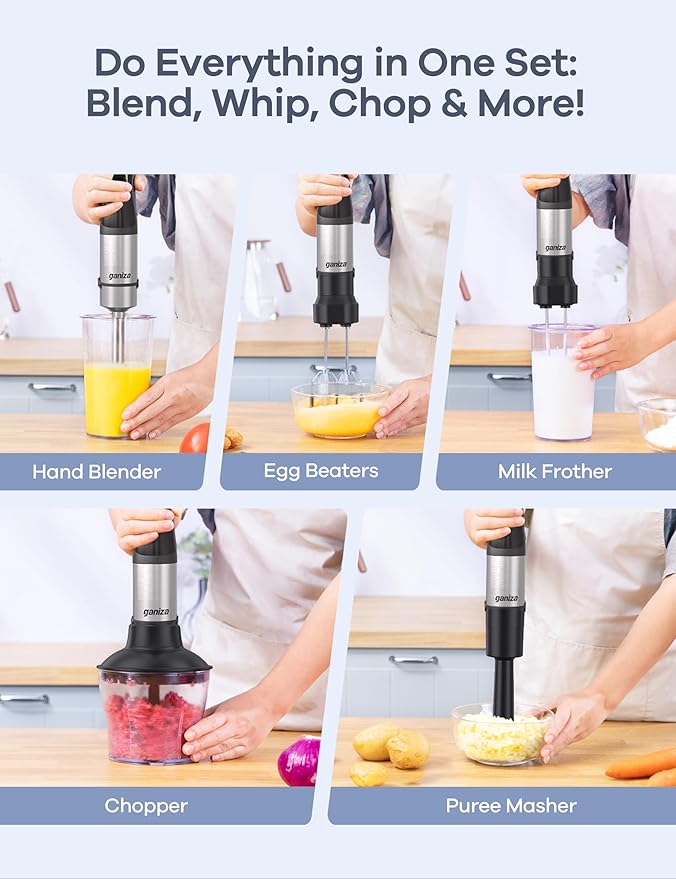 Ganiza Immersion Blender, Max 1200W Heavy Duty Hand Blender with Time Display & Variable Speed Trigger, 9-in-1 Electric Handheld Mixer with Chopper Whisk Frother Beaker Ideal for Soup Puree Smoothies