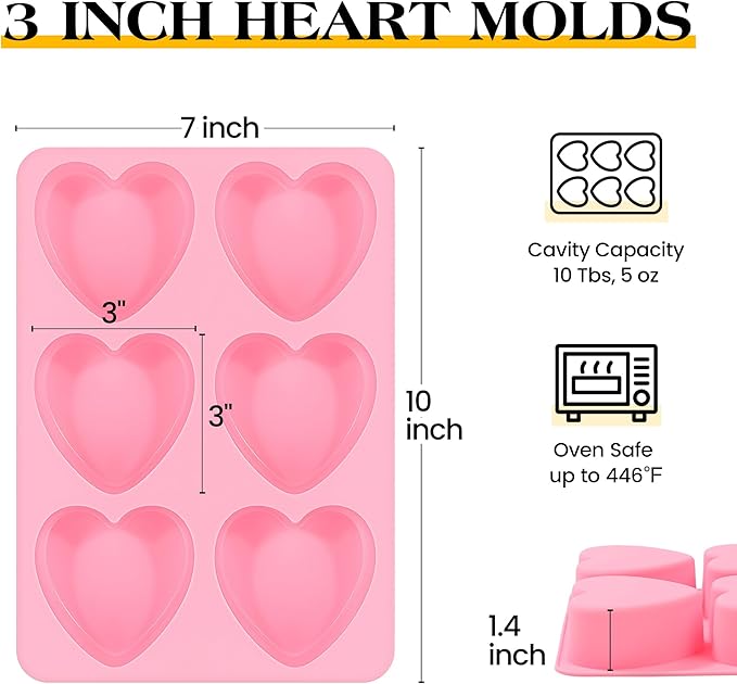 3 Inch Heart Shaped Silicone Molds for Chocolate, Candy, Gummy, Soap (Set of 2, Pink)