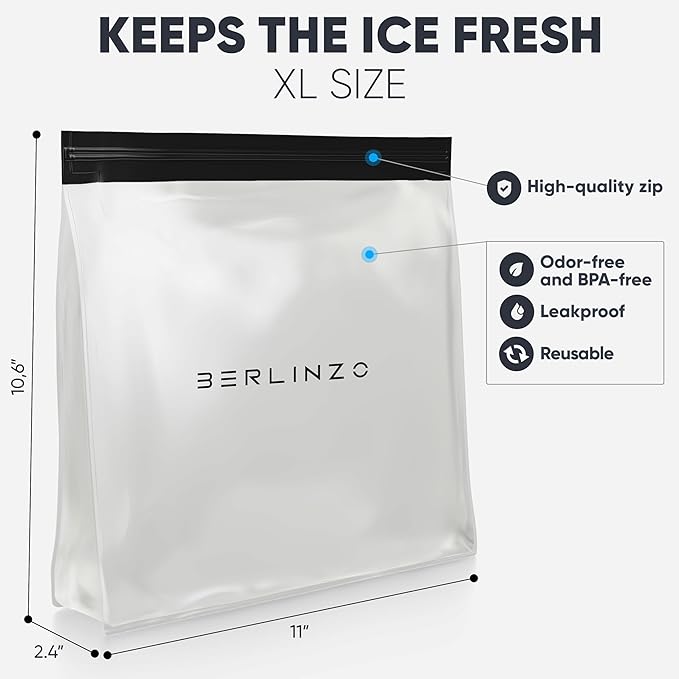 BERLINZO Large Reusable Ice Storage Bag - Freezer Safe Leak Proof Silicone and Plastic-Free Lunch Bag for Ice and Food Storage - BPA-Free XL Size