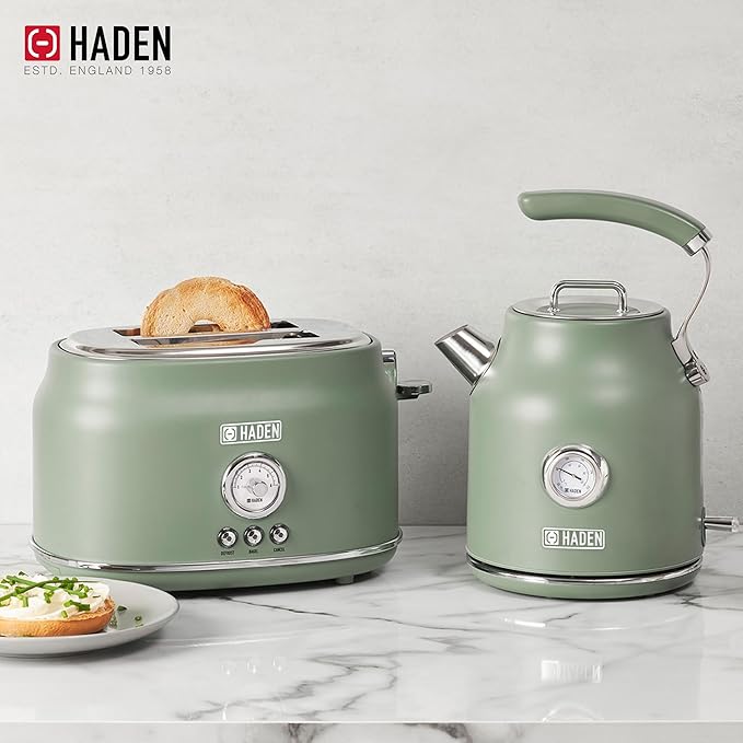 Haden Dorset 1.7 Liter Stainless Steel Electric Kettle, Hot Water Kettle with 360-Degree Base and Auto Shutoff, Cedar Green & Chrome