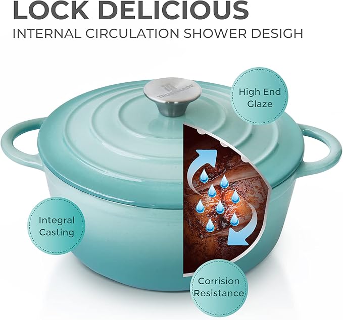 Trustmade 3 QT Cast Iron Dutch Oven, Enamel Coated Cookware Pot with Self Basting Lid for Home Baking, Braiser, Cooking, Aqua