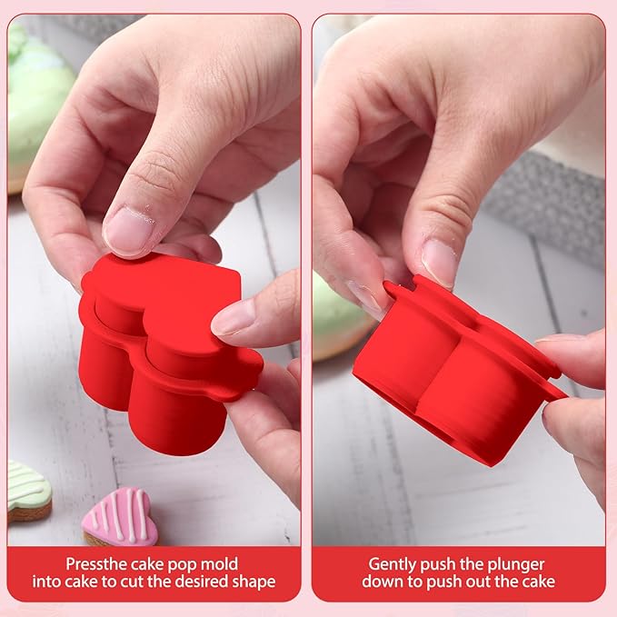 Cake Pop Cutter and Pusher Set - Round and Heart 3D Printed Mold Shapes Press | Baking Tools for Home, Birthday, Wedding Desserts | Reusable Design (Blue, red)