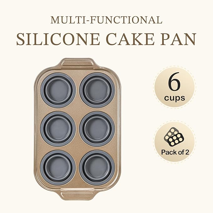 2-Pack Silicone Foldable Muffin Pans With Metal Reinforced Frame Silicone Cupcake Molds Nonstick 6 Cups For Baking, Homemade Muffins, Cupcakes, Egg Bites, Brownies, Puddings