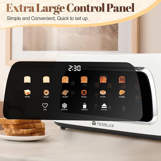 4 Slice Toaster with Touch Screen Control, 1.5" Wide Long Slots, 6 Browning Levels & 6 Bread Types, Digital Timer, Memory, Defrost, Reheat (WHITE)