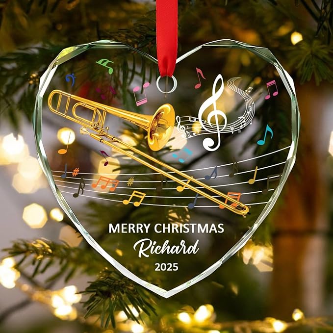 Personalized Trombone Instrument Glass Hanging Xmas Ornament, Customized Text Year Name Trombone Lover Christmas Ornaments Gift for Women Men Daughter Son Friends Besties, Unique Trombones Ornament