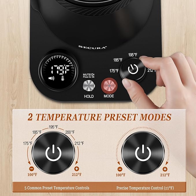 Secura Electric Gooseneck Kettle with 5 Temperature Control Presets, 100% Stainless Steel Inner Tea/Coffee Kettle with 1.5H Keep Warm, 1200 Watt Quick Heating for Coffee Tea Brewing, 0.8L, Matt Black