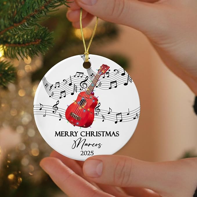 Custom Ukulele Musical Ceramic Xmas Tree Ornament with Name Text Year, Personalized Ukulele Instrument Ornaments Gift for Women Men Friends Husband Wife, Ukulelist Ukuleles Ceramic Christmas Ornament