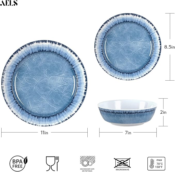 AELS Melamine Dinnerware Set of 12 Pcs Dinner Dishes Set for Indoor and Outdoor Use, Dishwasher Safe, Lightweight Unbreakable, Navy Blue