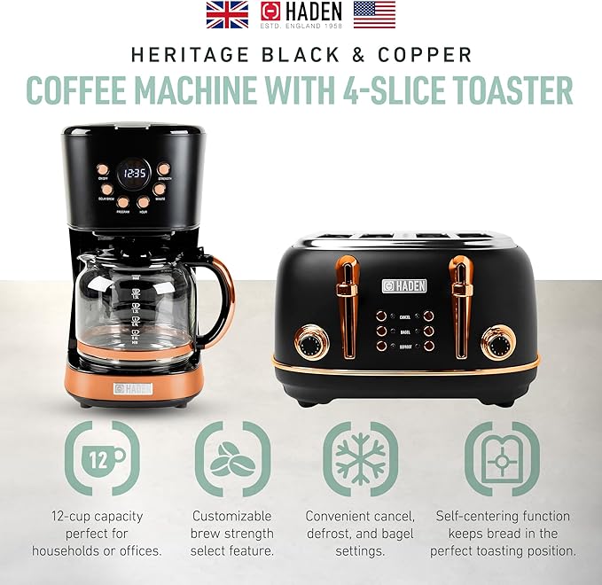 Haden Heritage 4 Slice Wide Slot Stainless Steel Toaster Bundled with 12 Cup Programmable Drip Coffee Maker Coffee Machine, Black & Copper