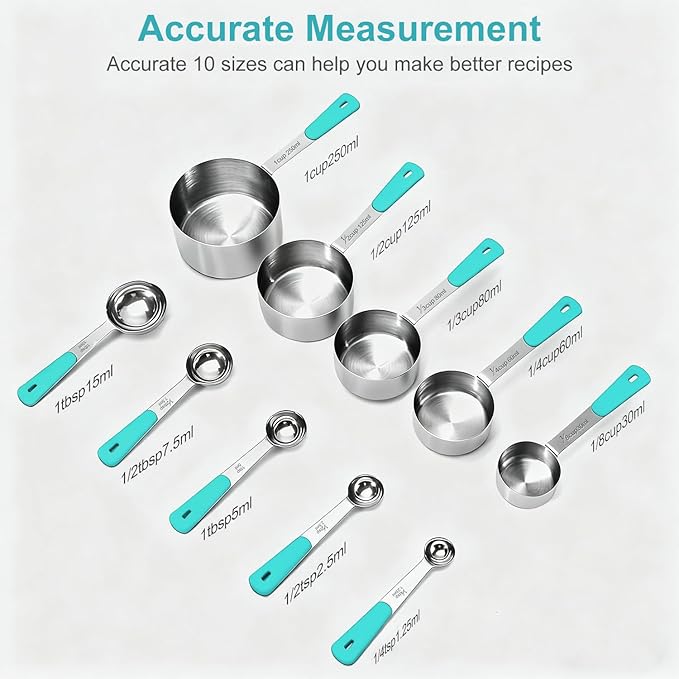 Measuring Cups and Spoons Set, Stainless Steel 10 Piece for Cooking and Baking (5 Cups + 5 Spoons, Aqua Sky Handle)
