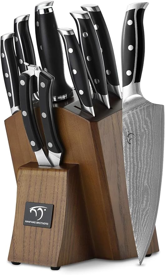 Damascus Knife Set with Block – 9-Piece VG10 67-Layer High Carbon Steel Kitchen Knives, Triple-Riveted Pakkawood Handles, Chef, Santoku, Utility, Bread & Paring Knives, Sharpener & Shears