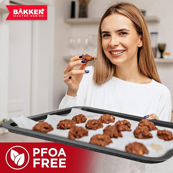 BAKKEN Kitchen Baking Pans - Nonstick Gray Coating, 13.18’’ × 8.66’’ Commercial Grade Carbon Steel Cookie Sheet, Baking Kitchen Essentials, PFOA, PFOS, PTFE Free, Oven Safe Tray (450° F), Gray Marble