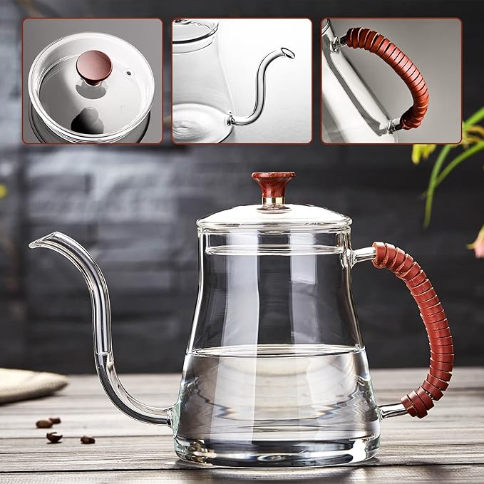 Unbreakable Gooseneck Kettle for Drip Coffee, 20oz/600ml Glass Coffee Kettle with Lid