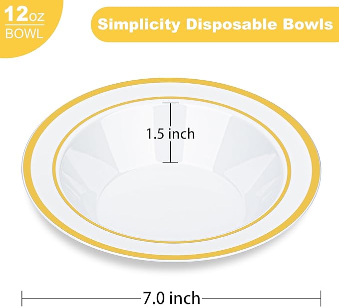 BESTVIP 50 Pack Plastic Bowls with Gold Rim, 12 oz Disposable Soup Bowls, Heavy-duty Dessert Salad Bowl for Party, Wedding, Christmas, Thanksgiving, Dinner, Catering