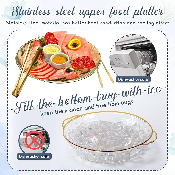 Baderke 6 Sets 11.8" Chilled Serving Tray for Parties Round Iced Platter with Ice Underneath Stainless Steel Clip Fruit Fork Shrimp Cocktail Serving Dish for Oysters Crawfish Fruits (Gold)