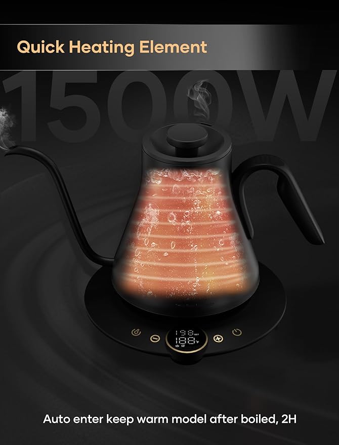 Electric Kettle, Gooseneck Electric Kettle, ±1℉ Temperature Control, Stainless Steel Inner, Quick Heating, for Pour Over Coffee, Brew Tea, Boil Hot Water, 1500W/0.9L Black