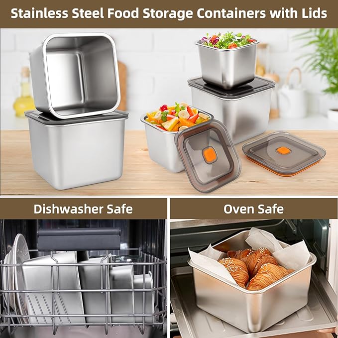 2 PCS Stainless Steel Food Storage Containers(67oz) with Lids Leak Proof & Airtight | Square Stainless steel freezer Containers,For Meal Prep,Fruit,Snack,Freezer