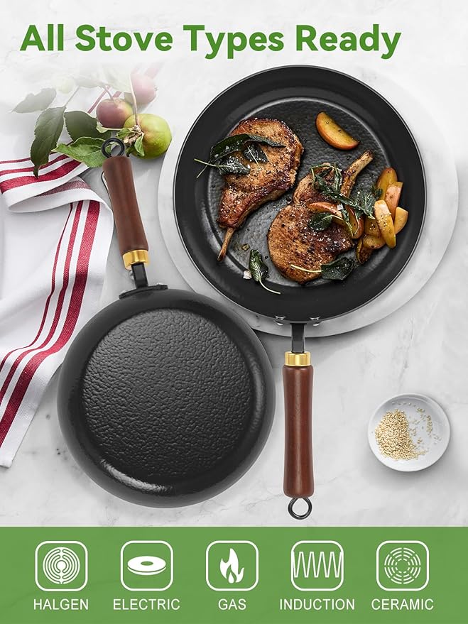 Enameled Carbon Steel Skillet, 9.5-Inch Nonstick Frying Pan, Stay-Cool Wooden Handle, Non Toxic, PTFE & PFOA Free Oven-Safe, Season-Free Carbon Steel Pan