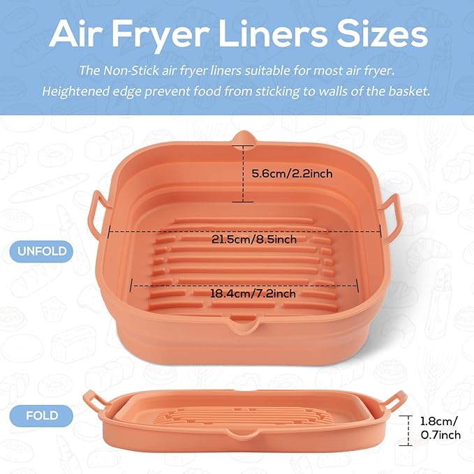 Silicone Air Fryer Liners - Square Reusable Basket - Easy to Clean Air Fryer Baking Tray, 8.5 Inch Large
