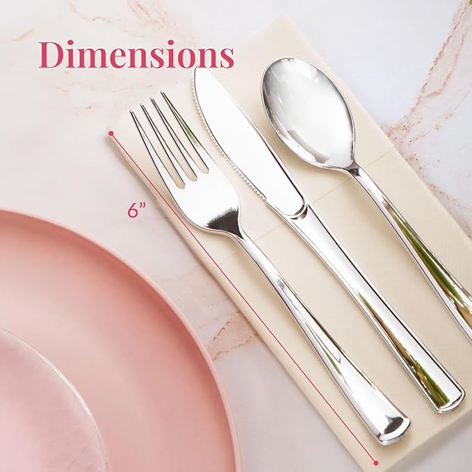 300 Plastic Silverware Set, Silver Plastic Cutlery Set, Disposable Silverware Set | 100 Plastic Forks, 100 Plastic Spoons, 100 Plastic Knives | Heavy Duty Bulk Disposable Flatware Plastic Utensils Set
