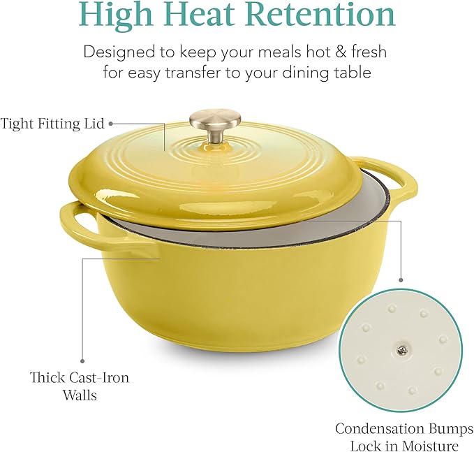 Best Choice Products 6 Quart Enamel Cast-Iron Round Dutch Oven, Family Style Heavy-Duty Pre-Seasoned Cookware for Home, Kitchen, Dining Room, Oven Safe w/Lid, Dual Handles - Lemon Meringue