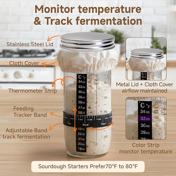 Complete Sourdough Starter Kit With Woven Proofing Basket, Sour dough Starter jar, Sourdough Bread Baking Supplies, Bread Making Kit,Perfect for Beginners & Gift