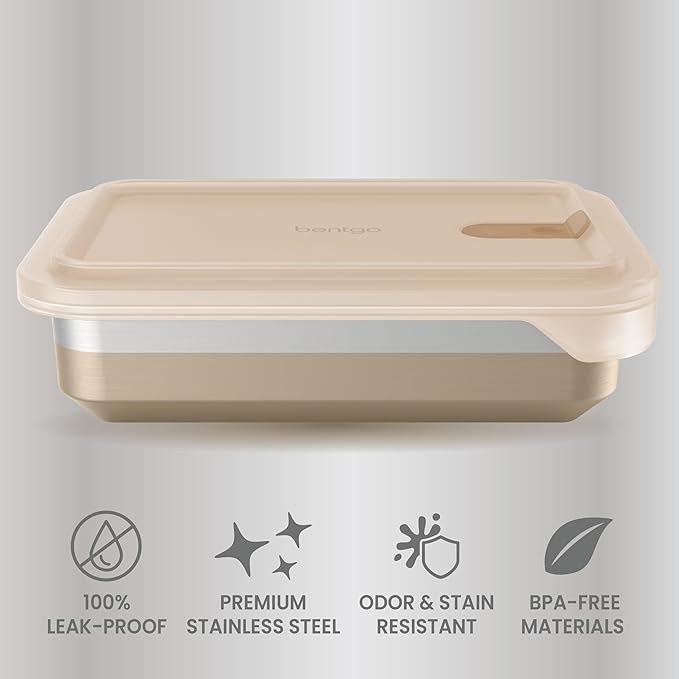 Bentgo MicroSteel Heat & Eat Container – Microwave-Safe, Leak-Proof, Easy-to-Clean, Lightweight Stainless Steel Reusable Food Storage with Airtight Silicone Lid (Dinner Size; 5.5-Cup Capacity; Gold)