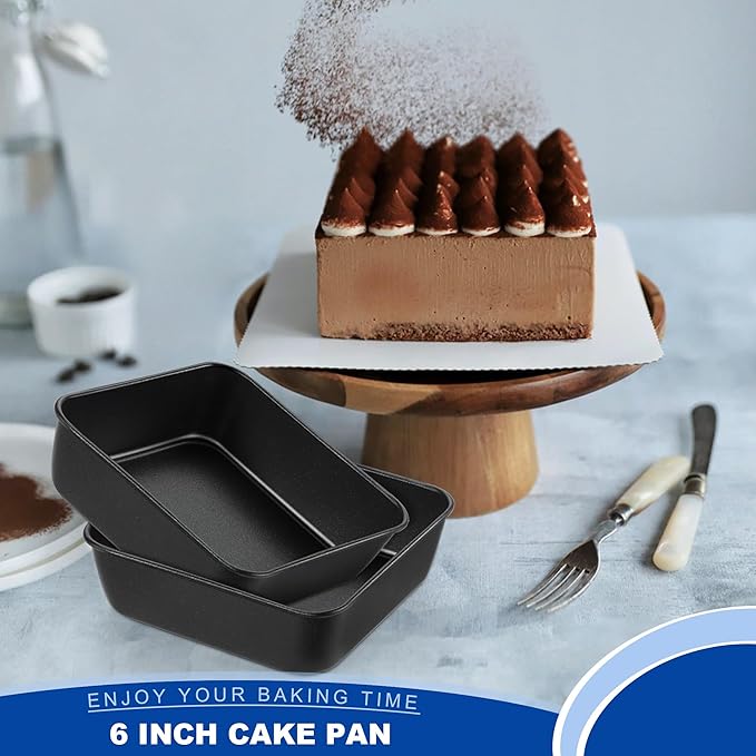 E-far 6 Inch Square Cake Pan Set of 2, Nonstick Small Baking Pan with Stainless Steel Core for Brownies Lasagna Cakes, Non-toxic & Easy Clean, 2 Inch Deep (Black)