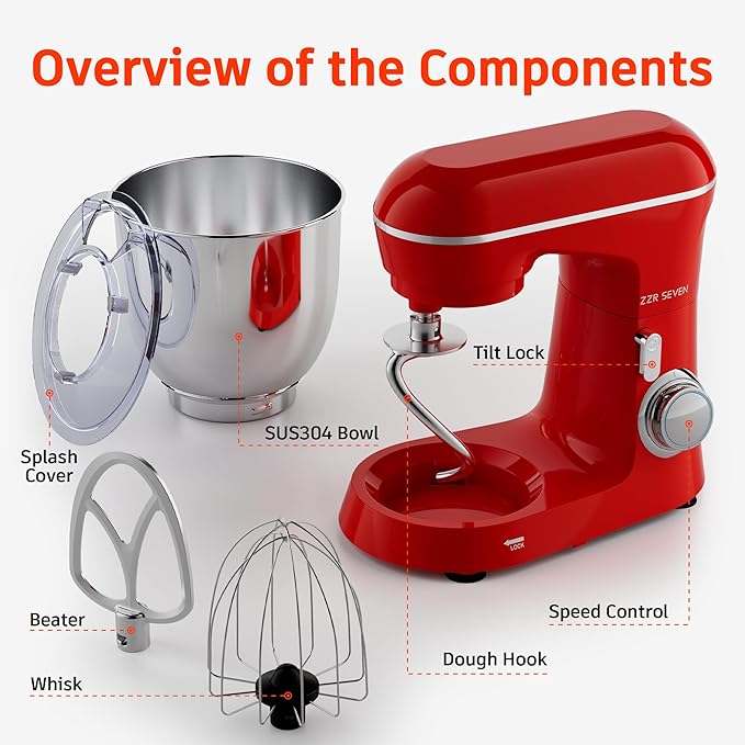 Stand Mixer, 5.5 Quart, 10 Speed Tilt-Head Kitchen Mixer, Copper Motor, Household Food Mixer with Bowl, Flat Beater, Dough Hook, Egg Whisk (450W Red)