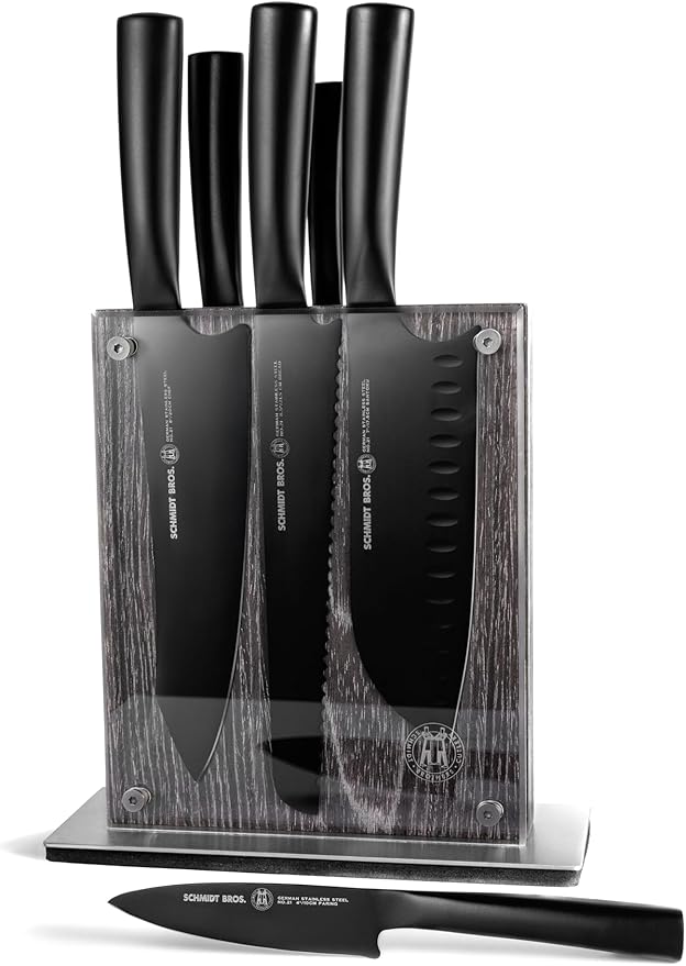 Schmidt Brothers - Jet Black Series 7-Piece Kitchen Knife Set, High-Carbon German Stainless Steel Cutlery, Pure Matte Black Titanium Finish With Clear Acrylic Magnetic Knife Block