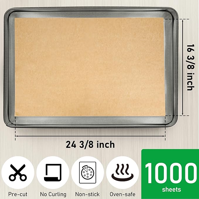 EcoDispose Non-Stick Precut Parchment Paper Baking Sheets Full Pan liner for Bake (16-3/8" x 24-3/8",Unbleached,1000PCS)