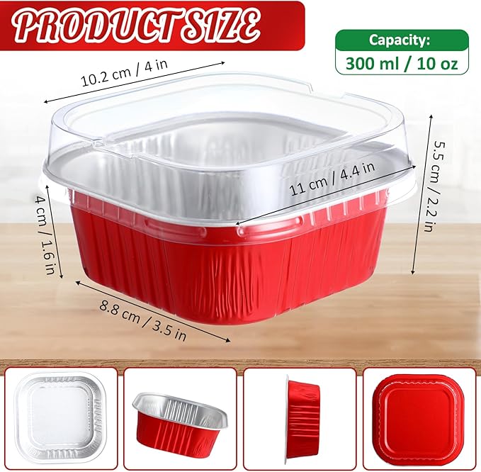 Aoriher 150 Pieces 10 oz Mini Cake Pans with Lids Aluminum Foil Baking Cups Square Disposable 4 x 4 Large Cupcake Cups Baking Tins for Kitchen Brownie Pudding Desserts Holder(Red,Christmas Green)