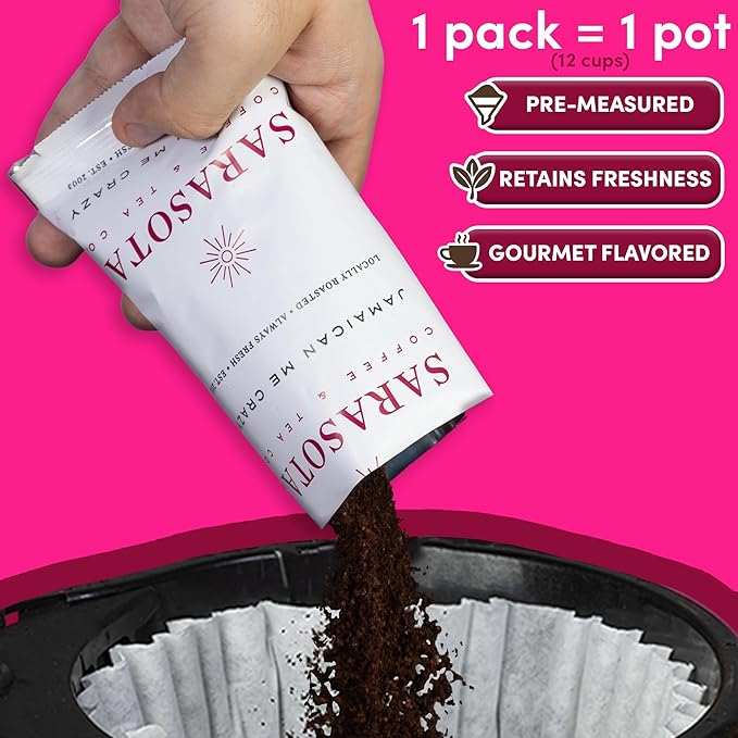 Sarasota Coffee Packs Bulk Ground Packets | Jamaican Me Crazy Flavored | Gourmet Assorted Gift Sampler | Low Acid Mold Free Individual Pouches for 12 Cup Coffee Maker | 1.75 Oz Bags, 100 Count