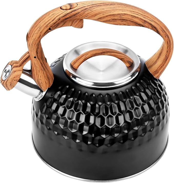 Whistling Teapot, 2.6 Qt 304 Food Grade Stainless Steel Tea Kettle with Heat-resistant Handle, Durable, not Rust，One-button Switch(BLack）