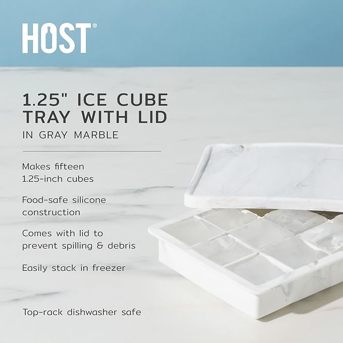 Host Ice Cube Tray with Lid, Makes 15 1.25" Cubes, Durable Silicone Trays, Perfect for Cocktails, Beverages, Mocktails, Iced Coffee, Tea, Infused Water, Kitchen Essentials, Set of 1, Marble