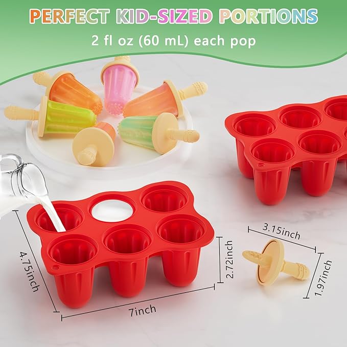 Silicone Popsicle Molds for Toddlers, 6-Cavity x 2oz Food-Grade Ice Pop Mold, Reusable DIY Fresh Fruitsicle Frozen Treats Maker (RED)